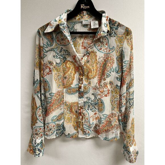 No Boundaries Womens Long Sleeve Collared Button up Shirt White Paisley S 3/5 - Picture 1 of 5